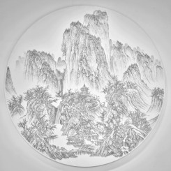 陳浚豪 Chen Chun-Hao，臨摹宋李成《晴巒蕭寺圖》 Imitating Solitary Temple Amid Clearing Peaks by Li Cheng, Song Dynasty，2016. 不鏽鋼蚊釘、畫布、木板 Mosquito nail, canvas, and wood，188 x 188 cm (image courtesy the artist and Tina Keng Gallery)