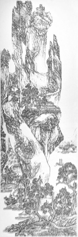 陈浚豪 Chen Chun-Hao,临摹明吴彬《山水图》Imitating Pine Lodge Amid Tail Mountains by Wu Bin, Ming Dynasty,2015. 不锈钢蚊钉、画布、木板 Mosquito nail, canvas, and wood,340 x 110 cm (image courtesy the artist and Tina Keng Gallery)