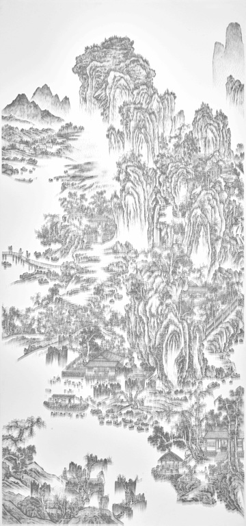 陳浚豪 Chen Chun-Hao，臨摹宋佚名山水圖之一 Imitating the Landscape Painting by Anonymous Artist from Song Dynasty 1，2016. 不鏽鋼蚊釘、畫布、木板 Mosquito nail, canvas, and wood，340 x 160 cm (image courtesy the artist and Tina Keng Gallery)