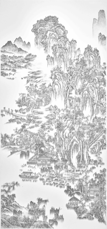 陈浚豪 Chen Chun-Hao,临摹宋佚名山水图之一 Imitating the Landscape Painting by Anonymous Artist from Song Dynasty 1,2016. 不锈钢蚊钉、画布、木板 Mosquito nail, canvas, and wood,340 x 160 cm (image courtesy the artist and Tina Keng Gallery)