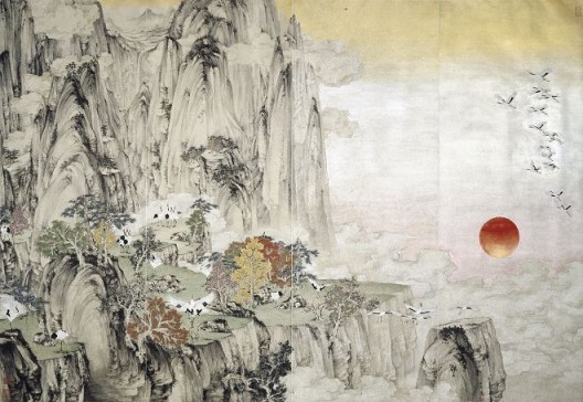 郑力,《瑞鹤图》,水墨 设色 纸本,187 x 274 cm,2002(图片由艺术家及汉雅轩提供) ZHENG Li,