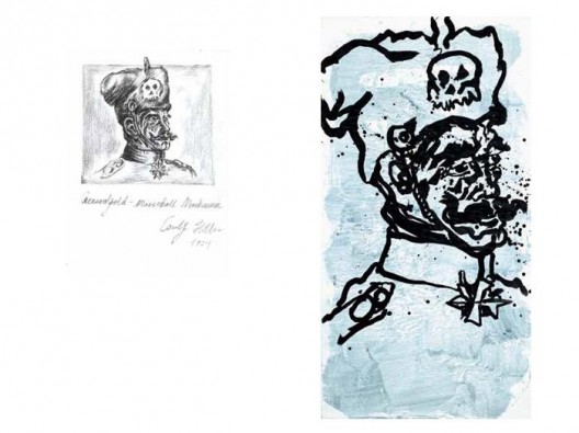 《麦元帅1924-2014》，纸上炭笔，20.5×15.3 cm，2014（左）（Photo: Marc Domage）；《麦元帅1924-2014》，墨、丙烯，185×96 cm，2014（右）（Photo: Marc Domage）