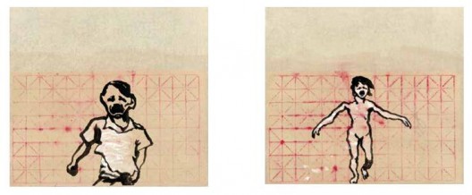 《跑吧1》，水墨，习字纸，61.5×68.5 cm，2014（左）；《跑吧2》，2014年，水墨，习字纸，61.5×68.5 cm，2014（右）
