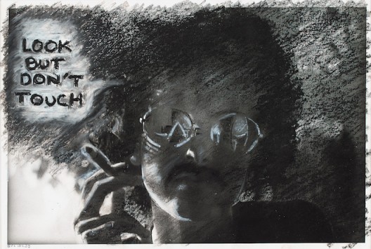 Adrian Piper, The Mythic Being: Look But Don’t Touch, 1975. Silver gelatin print, oil crayon. 8
