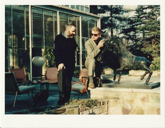 Victor Pasmore and Francis Bacon by a Germaine Richier sculpture at the Lloyd residence, London, c 1958-65 Photo by Gilbert Lloyd, Copyright Marlborough Fine Art