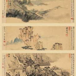 Zhang Daqian (1899-1983), Landscapes of Mount Huang (an album of 12 leaves)
Ink & colour on paper, 1933, 14.5 x 37cm張大千 (1899-1983)，《大千黄山游》（十二开册页)
水墨设色纸本，1933年，14.5 x 37厘米