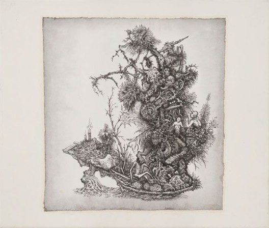 林巨，《时代力量 拾参-仙人道 物词》，水墨．宣纸，38 x 36 cm，2016 Lin Ju, “The Tides of Time No. 13 – Path to Immortality, Ode to Objects”, Ink on rice paper, 38 x 36 cm，2016