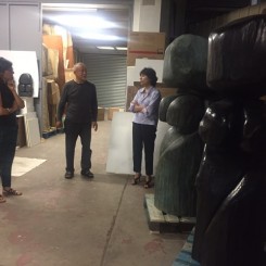 Aline Wang, Wang Keping, Nathalie Obadia during a studio visit, 2017 (image courtesy Galerie Nathalie Obadia)