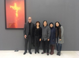 Jonas Stampe (curator), Nathalie Obadia, Mister and Madam Yan (director and wife), Wenjie Sun (assistant curator) at Andres Serrano’s opening at Red Brick Art Museum in Beijing, 2017 (image courtesy Galerie Nathalie Obadia)