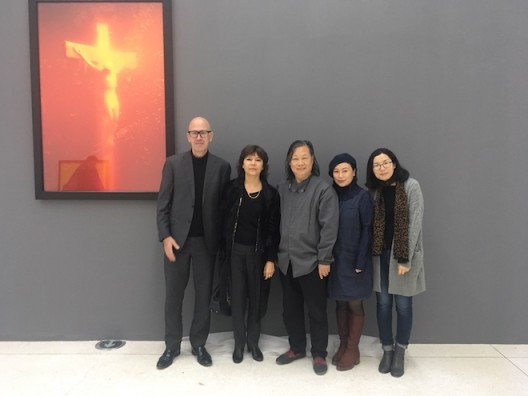 Jonas Stampe (curator), Nathalie Obadia, Mister and Madam Yan (director and wife), Wenjie Sun (assistant curator) at Andres Serrano’s opening at Red Brick Art Museum in Beijing, 2017 (image courtesy Galerie Nathalie Obadia)