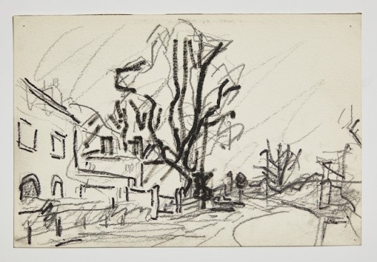 Park Village East, 1998, black ink and crayon on paper, 20 x 29.8 cm.; 7 7/8 x 11 ¾ in., entitled, signed and dated on reverse. Copyright Frank Auerbach, Courtesy Marlborough Fine Art