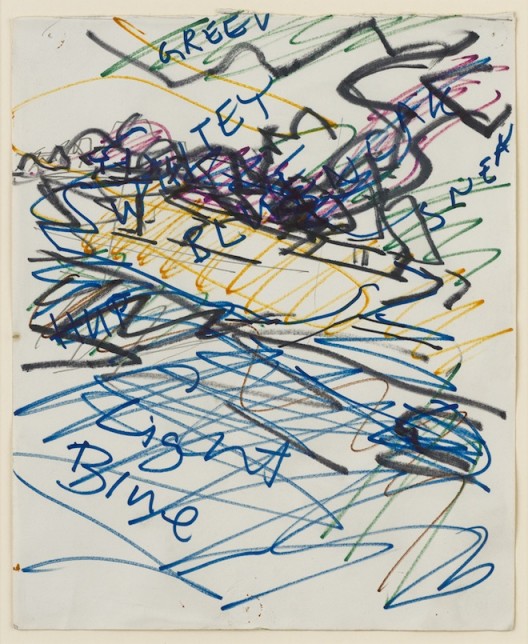 Study for Tree on Primrose Hill, 1982, black ink and coloured crayon on paper, 21 x 27.5 cm.; 8 1/4 x 10 7/8 in. Copyright Frank Auerbach, Courtesy Marlborough Fine Art