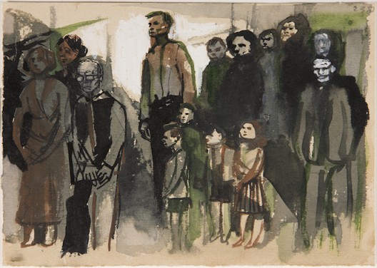 Andrzej Wróblewski Group Scene no.238, undated.  Watercolour and gouache on paper 5 7/8 x 8 1/4 inches  15 x 21 cm  ⓒ Andrzej Wróblewski Foundation/www.andrzejwroblewski.pl. Private collection.