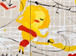 Rose Wylie
Yellow Girls I, 2017 (detail)
Oil on canvas in two (2) parts
72 x 133 7/8 inches 
183 x 340 cm
© Rose Wylie
Courtesy the artist and David Zwirner, London