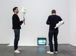 Viewers interacting with Franz West, Passstücke (mit Video mit Verwendungstips) (Adaptives [with Video with Usage Tips]), 1996, during the exhibition Franz West at David Zwirner, New York, 2014. © 2018 Archiv Franz West