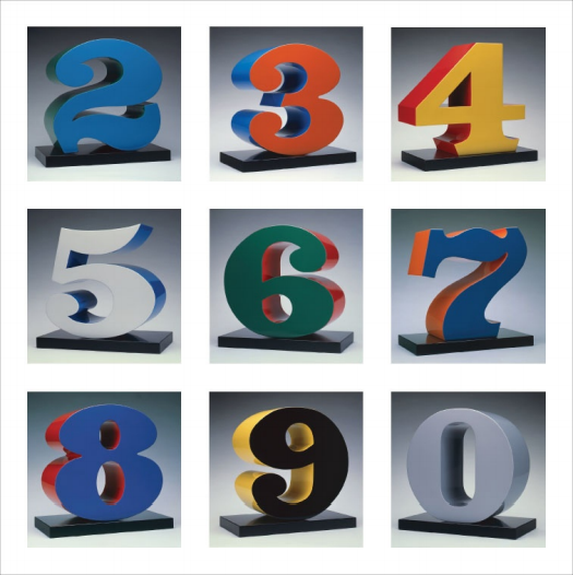  Robert Indiana, ONE through ZERO, 1978-2003, polychrome aluminum, 33 3/4 x 33 x 17 inches each, 85.7 x 83.8 x 43.2 cm, Edition of 3 + 2 APs. © Morgan Arts Foundation / Artist Rights Society, ARS, New York.