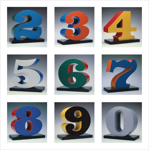 Robert Indiana, ONE through ZERO, 1978-2003, polychrome aluminum, 33 3/4 x 33 x 17 inches each, 85.7 x 83.8 x 43.2 cm, Edition of 3 + 2 APs. © Morgan Arts Foundation / Artist Rights Society, ARS, New York.