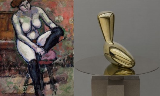 Image I: Marcel Duchamp, Femme nue aux bas noirs (Nude with Black Stockings), 1910, oil on canvas, 45 5/8 x 35 1/8 inches, 116 x 89 cm. © Artists Rights Society (ARS), New York/ADAGP, Paris/Estate of Marcel Duchamp. Vicky et Marcos Micha Collection, Mexico City. Photo by Francisco Cohen. Image II: Constantin Brancusi, Leda, 1925, polished bronze, 21 1/4 x 27 1/2 x 9 1/2 inches, 54 x 70 x 24 cm, Edition of 5, cast by Susse Fondeur, Paris in 2016. © Succession Brancusi, all rights reserved/Artists Rights Society (ARS), New York/ADAGP, Paris.