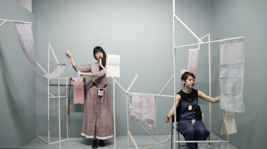 Still images from video documentation of “How slow will we appear some day? a reading of Anni Albers,” by Chang Yuchen and Jamie Boyle, Joseph Imhauser, at Lyeberry, Brooklyn. Video by Qianfan Gu. Chang Yuchen (left) and Jaime Boyle (right)