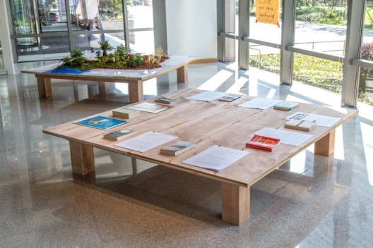 Installation View: Zheng Bo, Eco-Socialist Garden, NYU Shanghai, 2019.  Workshop; maquettes and ephemera. Goldenrod, ICA at NYU Shanghai, 10 October 2019.  PHOTO: Hong Xiaole.  Courtesy of ICA at NYU Shanghai.  展览现场：郑波，《生态-社会主义园，上海纽约大学》，2019。工作坊；模型和印刷品。上海纽约大学当代艺术中心 “一枝黄花”展览，2019 年 10 月 10 日。摄影：洪晓乐。图片由上海纽约大学当代艺术中心提供。