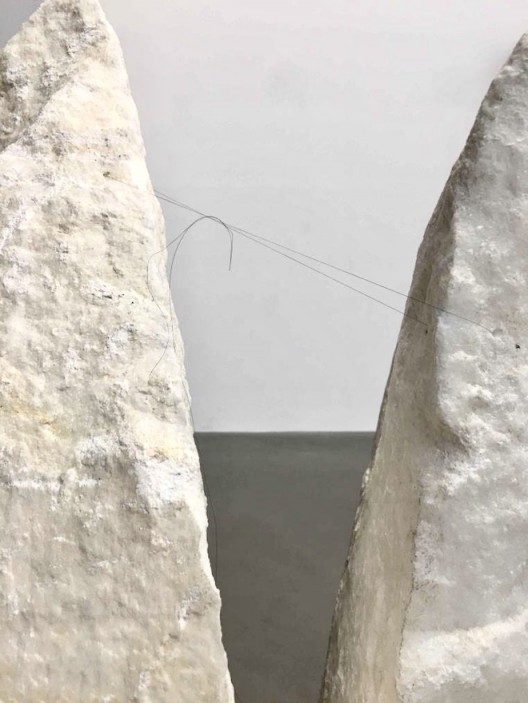 Cao Yu, The World is Like This for Now (detail), 2017, single long hair (the artist’s), marble, two pieces, 89 x 61 x 38 and 74 x 50 x 33 cm. Image courtesy the artist and Galerie Urs Meile 