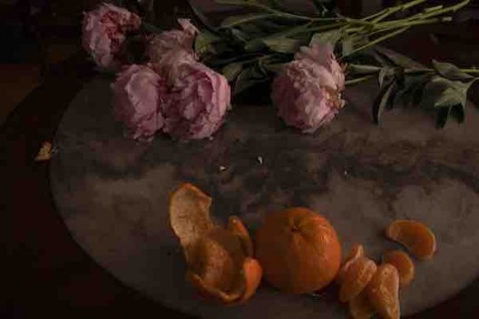 Wei Leng Tay, 5 pink peonies, China. 2 Honey Murcott mandarins, Australia. 1 marble and rosewood table circa 1950s, China. 10 sec, f20, 320 ISO, 37mm. Tungsten light source from right. 11/12/2019, 7.09pm, Singapore, 2019, archival pigment print, 53.5 x 73.5 cm (framed). Courtesy the artist.