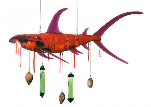 Ashley Bickerton Orange Shark (2008) Polyurethane resin, nylon, cotton webbing, stainless steel, scope, distilled water, coconuts, rope 60 x 108 x 60 inches 152.4 x 274.3 x 152.4 cm Edition of 3