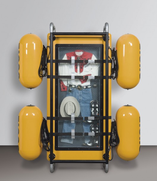 Ashley Bickerton Seascape: Floating Costume to Drift for Eternity II (Cowboy Suit) (1992) Cowboy suit, glass, aluminum, wood, caulk, fiberglass, enamel and canvas webbing 22 x 92 x 81 inches 55.9 x 233.7 x 205.7 cm (image courtesy the artist)