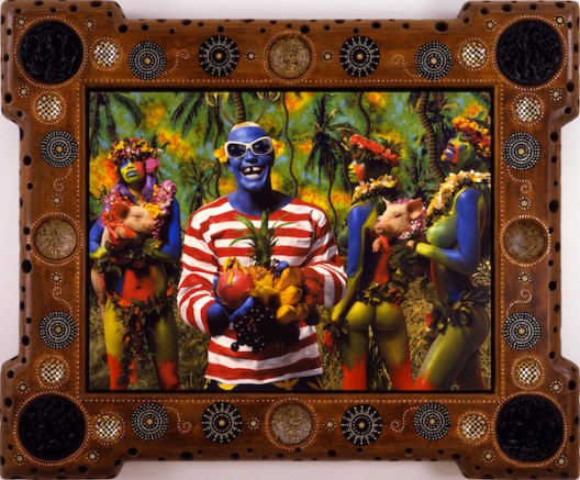 Ashley Bickerton The Preparation With Green Sky (2007) Acrylic and digital print on canvas in carved wood, coconut, mother of pearl and coin inlaid artist name 72 x 86 x 7 inches 182.9 x 218.4 x 17.8 cm (image courtesy the artist)