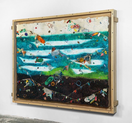 Ashley Bickerton, Green Waves (2020), flotsam, ocean borne detritus, oil paint, acrylic paint & rocks on wood and cardboard, 171.5cm x 227cm x 14.7cm 67 1/2