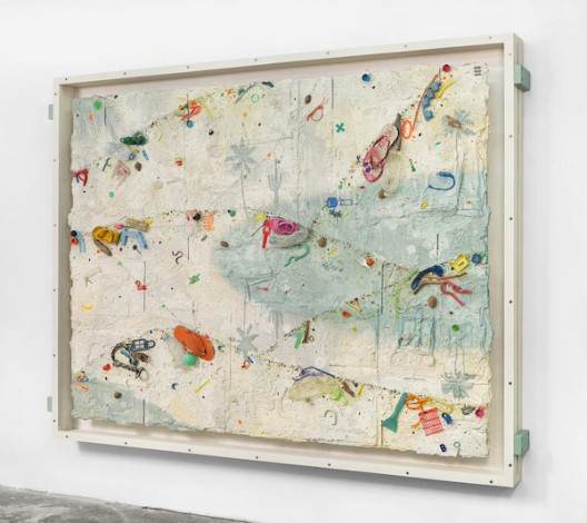 Ashley Bickerton, Padang Moon (2020), flotsam, ocean borne detritus, oil paint, acrylic paint & rocks on wood and cardboard, 171.5cm x 227cm x 14.7cm 67 1/2