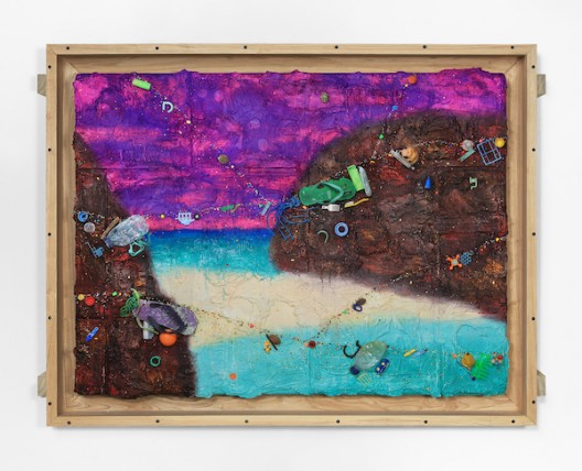 Ashley Bickerton, Lagoon With Strom Front (2020), flotsam, ocean borne detritus, oil paint, acrylic paint & rocks on wood and cardboard, 133cm x 176cm x 14.7cm 52 3/8