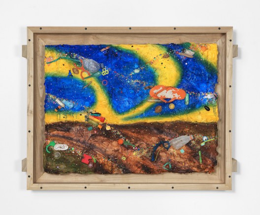 Ashley Bickerton, Night Sky Over Fallow Field (2020), flotsam, ocean borne detritus, oil paint, acrylic paint & rocks on wood and cardboard, 95cm x 126cm x 14.7cm 37 3/8
