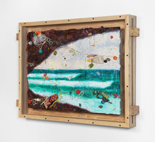 Ashley Bickerton, Balangan Cave (2020), flotsam, ocean borne detritus, oil paint, acrylic paint & rocks on wood and cardboard, 95cm x 126cm x 14.7cm 37 3/8