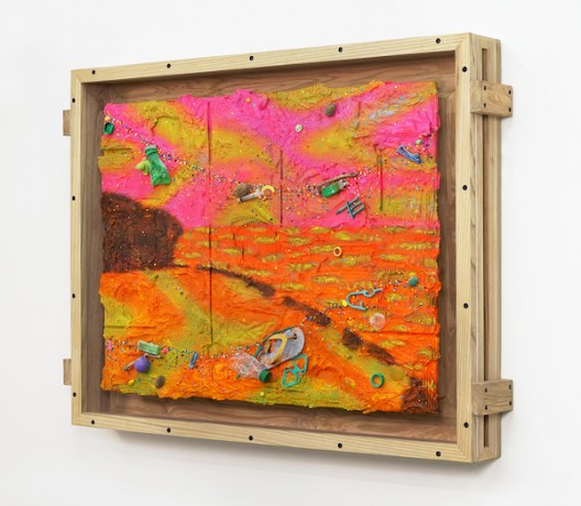 Ashley Bickerton, Balangan Sunset (2020), flotsam, ocean borne detritus, oil paint, acrylic paint & rocks on wood and cardboard, 95cm x 126cm x 14.7cm 37 3/8