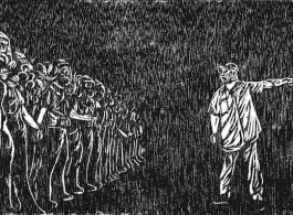 LEE Tek Khean (Malaysia), Teenager, Mist and Umbrella, woodcut on paper.
李迪權 (馬來西亞 ), 少年、煙霧與傘